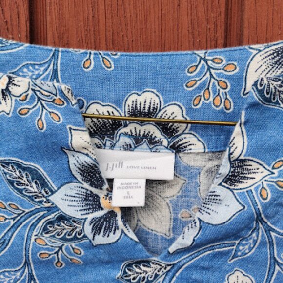 J. JILL | Love Linen Blue Floral 3/4 Sleeve Split Neck Tunic Blouse Coastal LT - Picture 5 of 14
